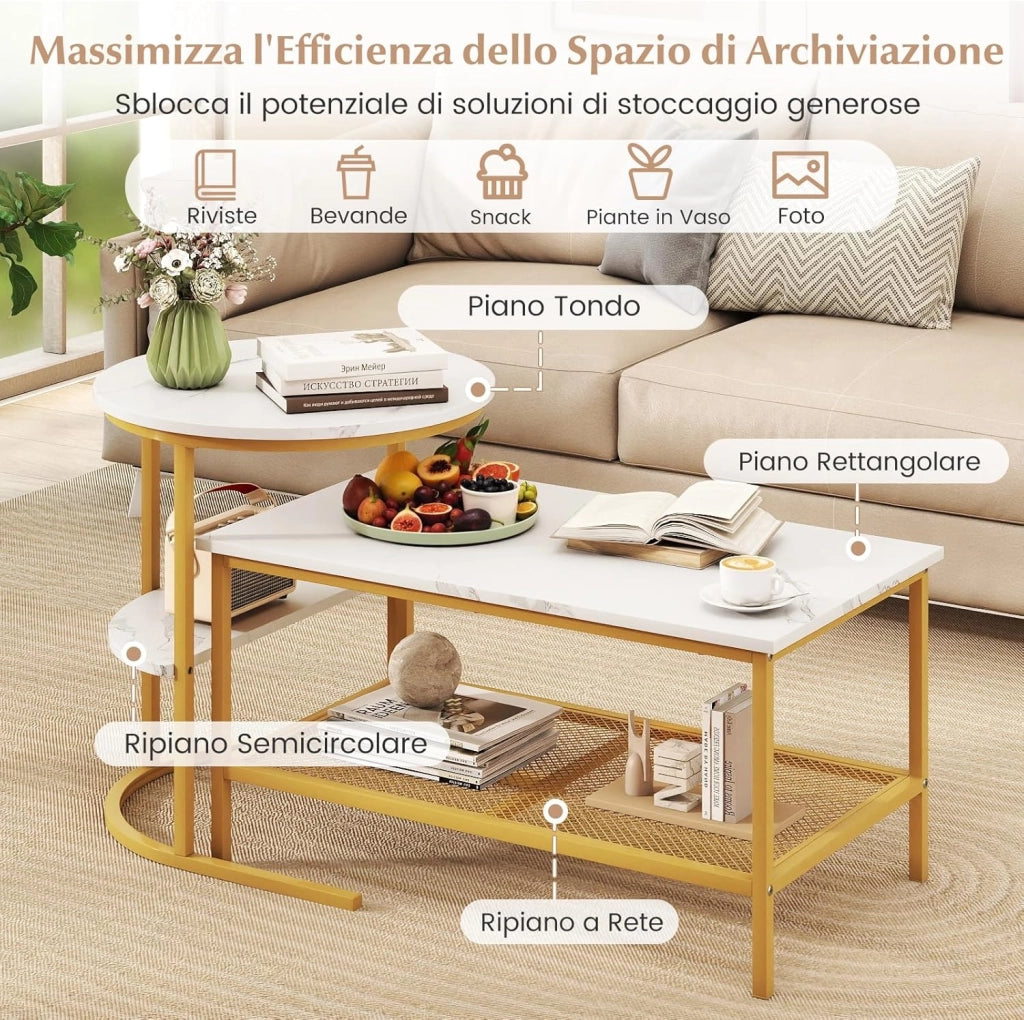 Set di Tavolini da Caffè Componibili, 2 in 1 Set di Tavoli Rimovibili con Piano in Marmo Sintetico, Tavolino Rotondo e Tavolino Rettangolare per Salotto e Camera da Letto (Oro)