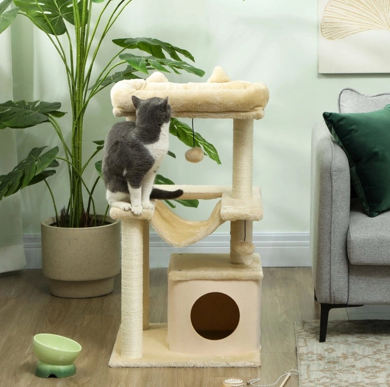 Tiragraffi per gatti multi-livello con amaca, cuccia e gioco a pallina, 48 x 48 x 90 cm, bianco crema