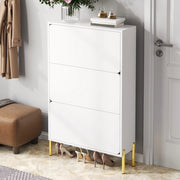 Scarpiera 73x24x120 cm a 3 ante salvaspazio con gambe dorate in MDF bianco