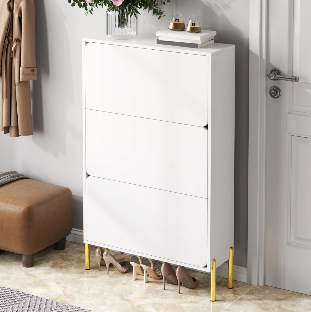 Scarpiera 73x24x120 cm a 3 ante salvaspazio con gambe dorate in MDF bianco