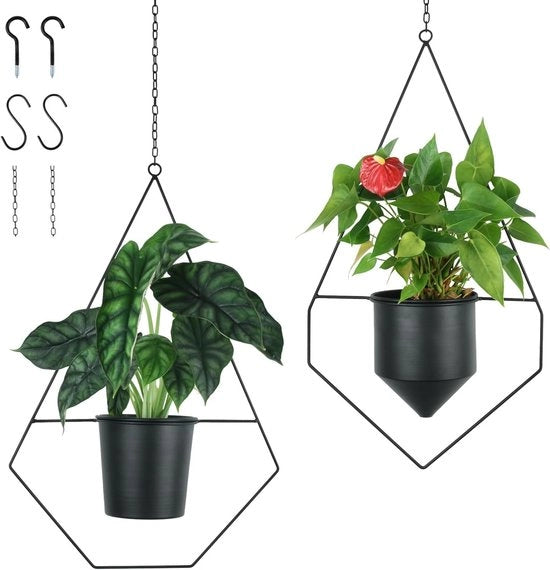 Set di vasi da piante in metallo appeso, nero, da 2 pezzi - decorazione per parete - vasi da piante per interni ed esterni - estensione di chiodo e catena - vasi da piante per piante