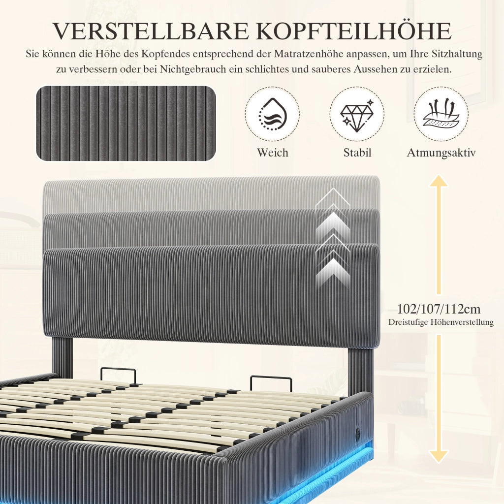 LETTO Contenitore 180x200 cm Grigio Scuro in Corduroy con LED e USB-C