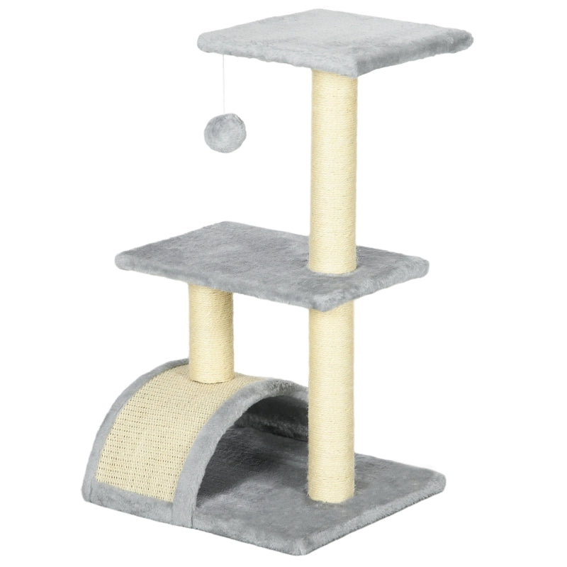 Albero tiragraffi per gatti 72 cm con piattaforme, pallina sospesa e sisal, grigio chiaro