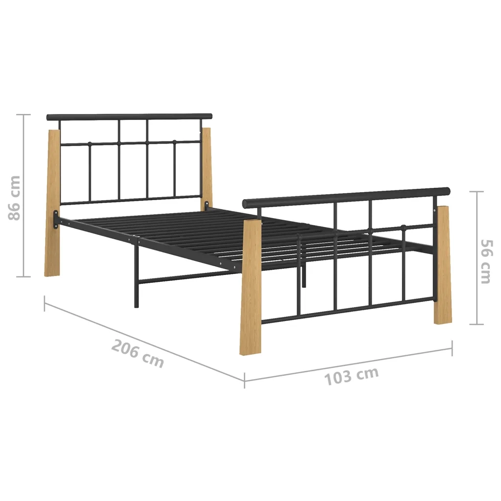 Letto singolo | Letto per adulti | Giroletto in Metallo e Legno Massello di Rovere 90x200 cm