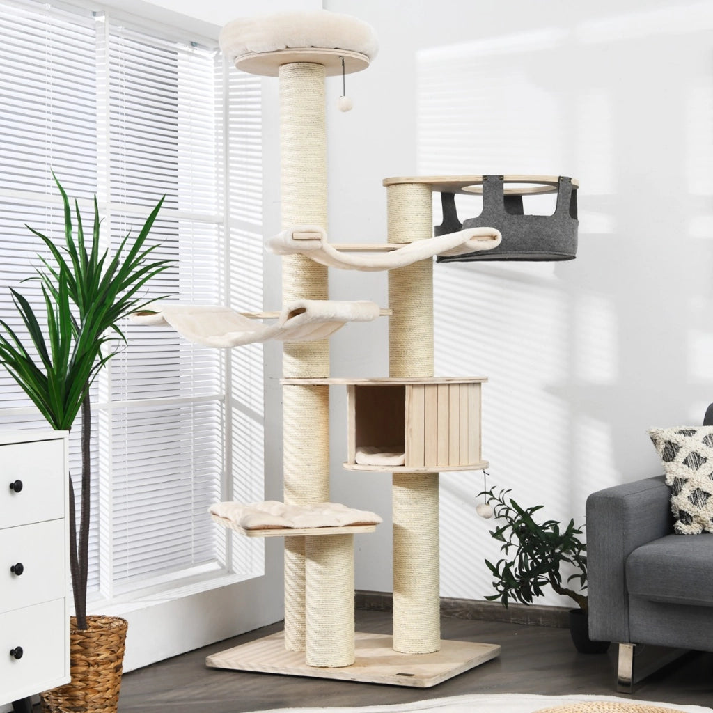 Albero gatti 197cm legno amache e toilette gatti cartone graffi, Albero per gatti e toilette nascosta gatti doppie porte-Gatti