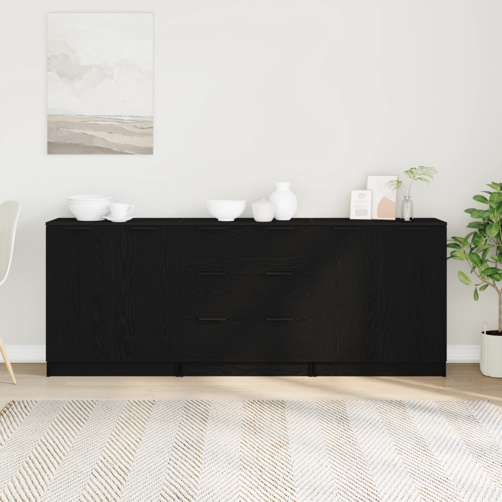 3 Pezzi Mobiletti Nero Rovere Legno Ingegnere