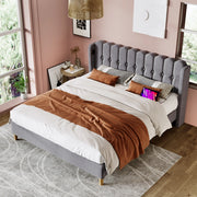 Letto matrimoniale imbottito 180x200 cm in lino grigio con USB e USB-C