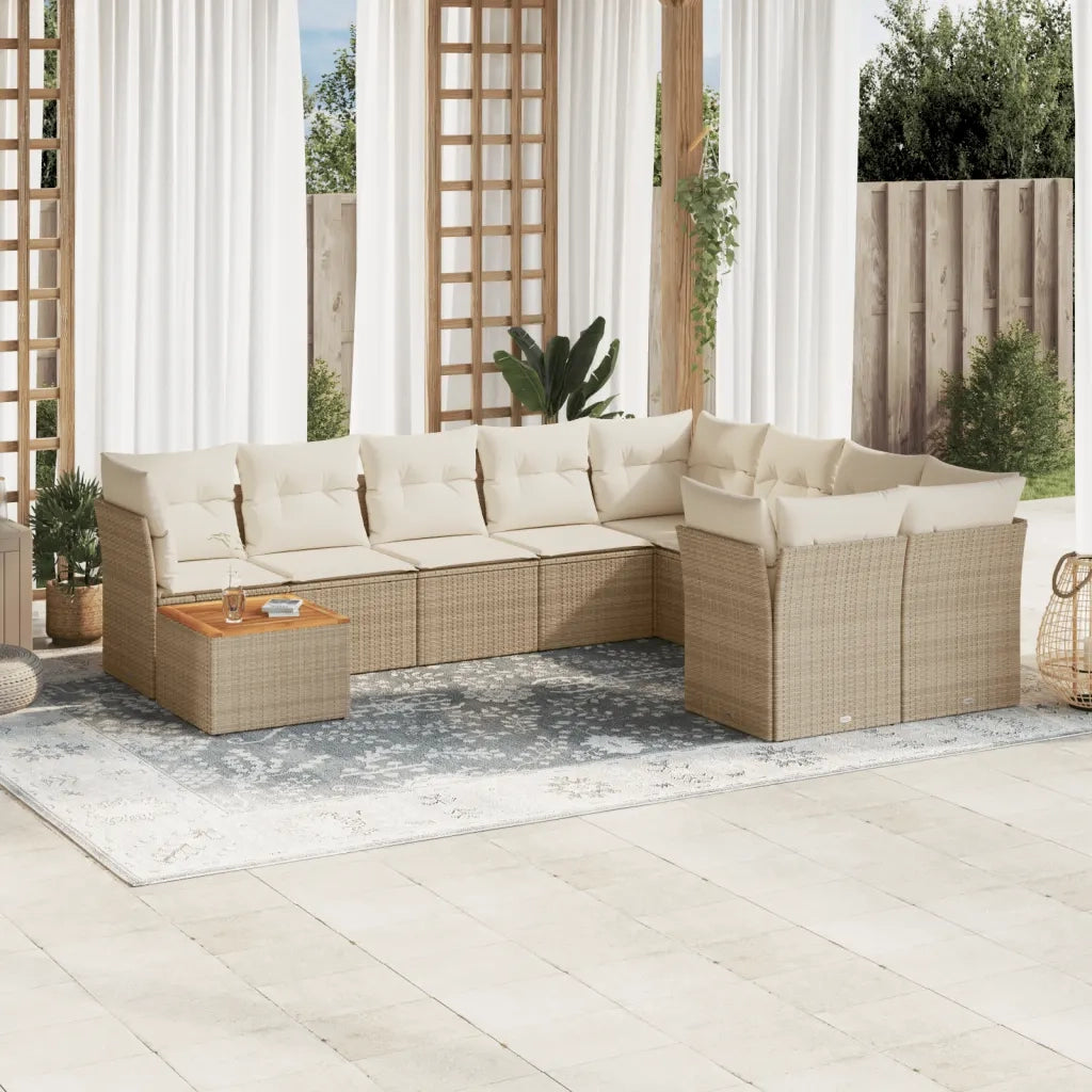 Set Divano da Giardino 10 pz con Cuscini Beige in Polyrattan