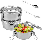 Set di contenitori in acciaio inossidabile argentato - 3 pezzi - per adulti - 360 ml - con cucchiaio e forchetta - snack frutta muesli spezie