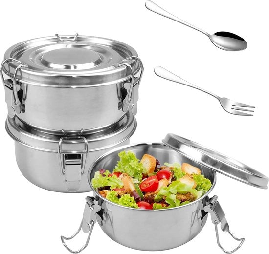 Set di contenitori in acciaio inossidabile argentato - 3 pezzi - per adulti - 360 ml - con cucchiaio e forchetta - snack frutta muesli spezie