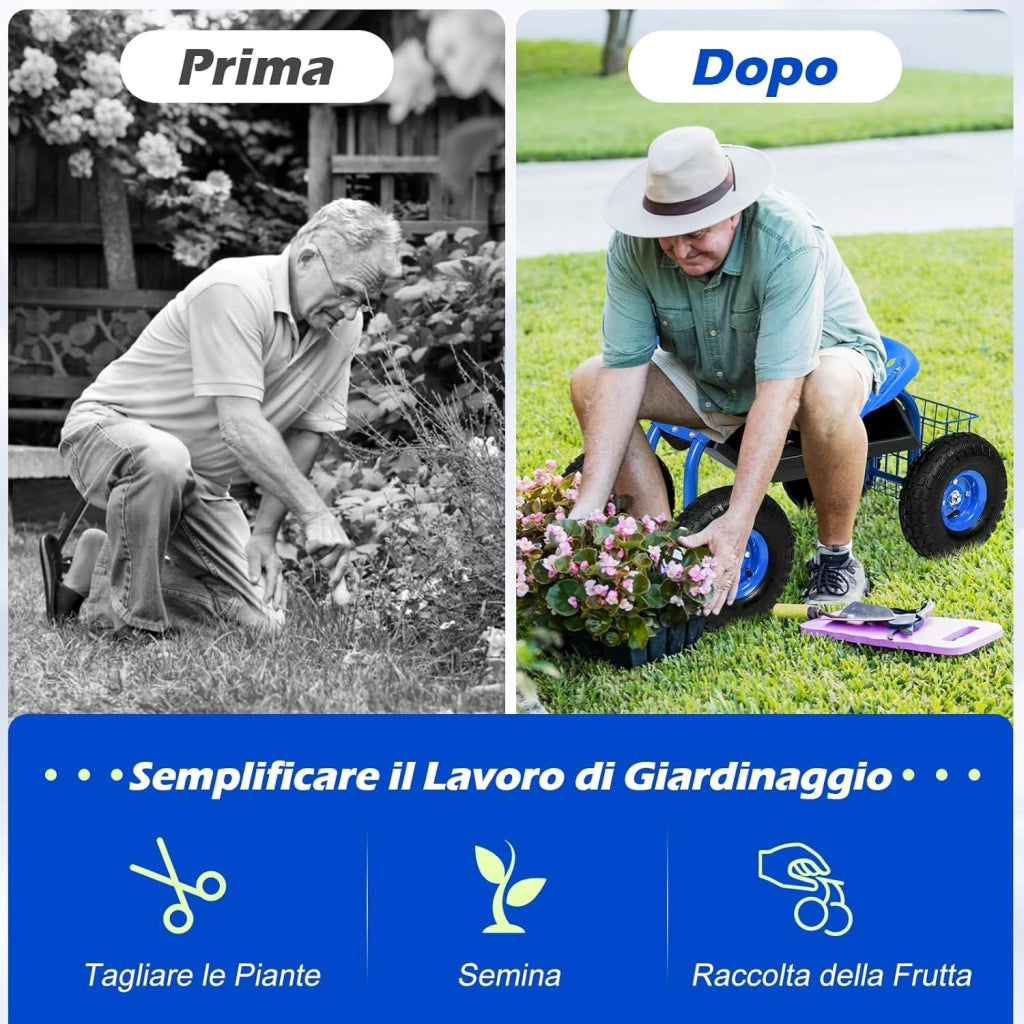 Sgabello da Giardino, Sgabello per Giardinaggio con Ruote, Sedile Regolabile in Altezza e Girevole a 360°, Cestello e Vassoio, Carrello per Prato e Giardino, Portata 150 kg (Blu)