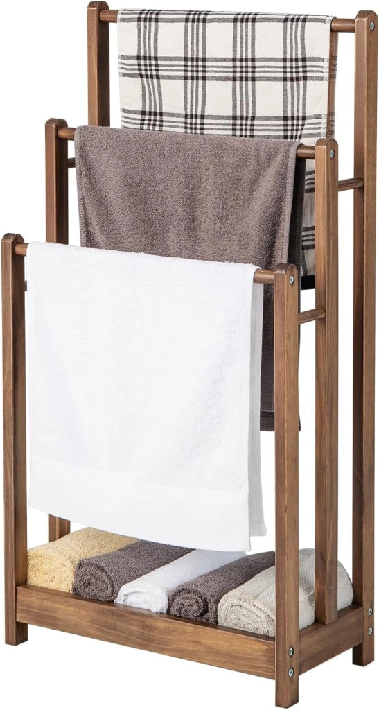 Portasciugamani in Legno da Terra, Porta Asciugamani a 3 Livelli con Mensola Inferiore, Dispositivo Anti-Ribaltamento, Supporto Leggero per Asciugamani da Bagno e Stanza Lavanderia (Marrone)