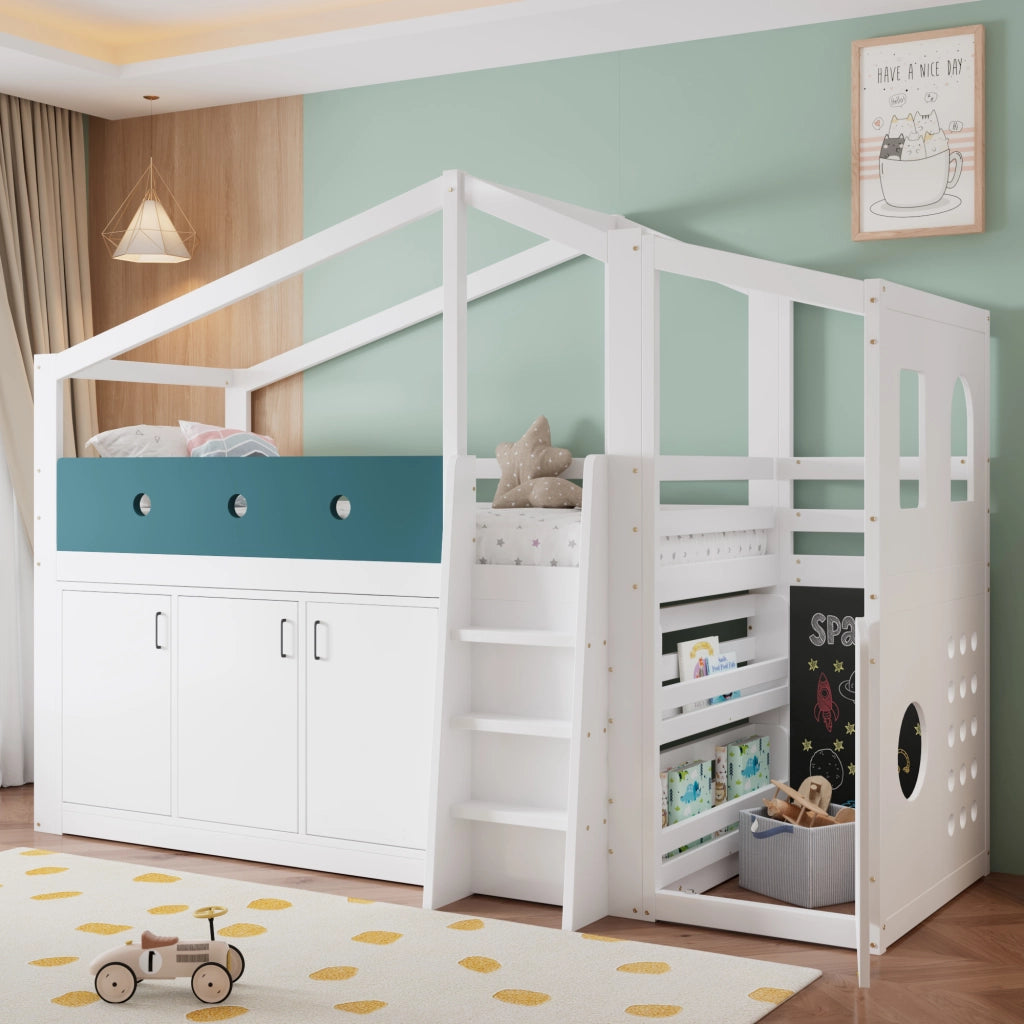 Letto a soppalco per bambini 90 × 200 cm con armadio contenitore, area gioco e scala, senza materasso, bianco