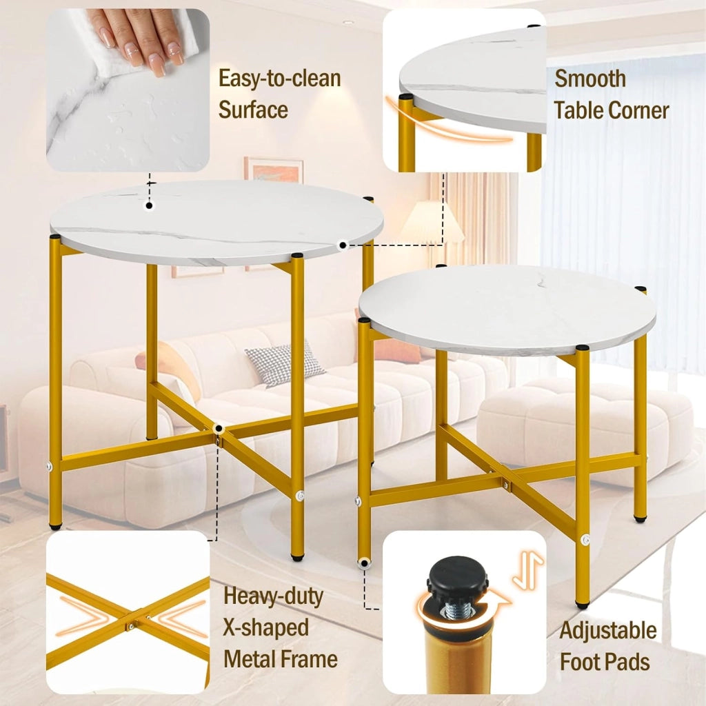 Set di 2 tavolini rotondi in stile moderno, struttura in metallo resistente, cuscinetti per piedi regolabili, eleganti tavoli estraibili per soggiorno, ufficio, camera da letto, semplice e