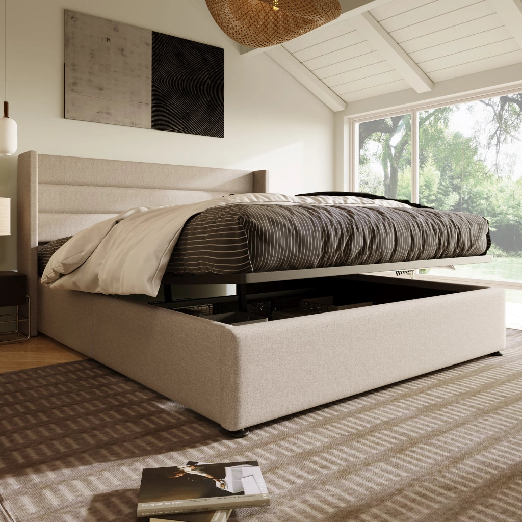 Letti contenitori 160x200 cm; idraulico con testiera imbottita; lino; beige (Senza materasso)