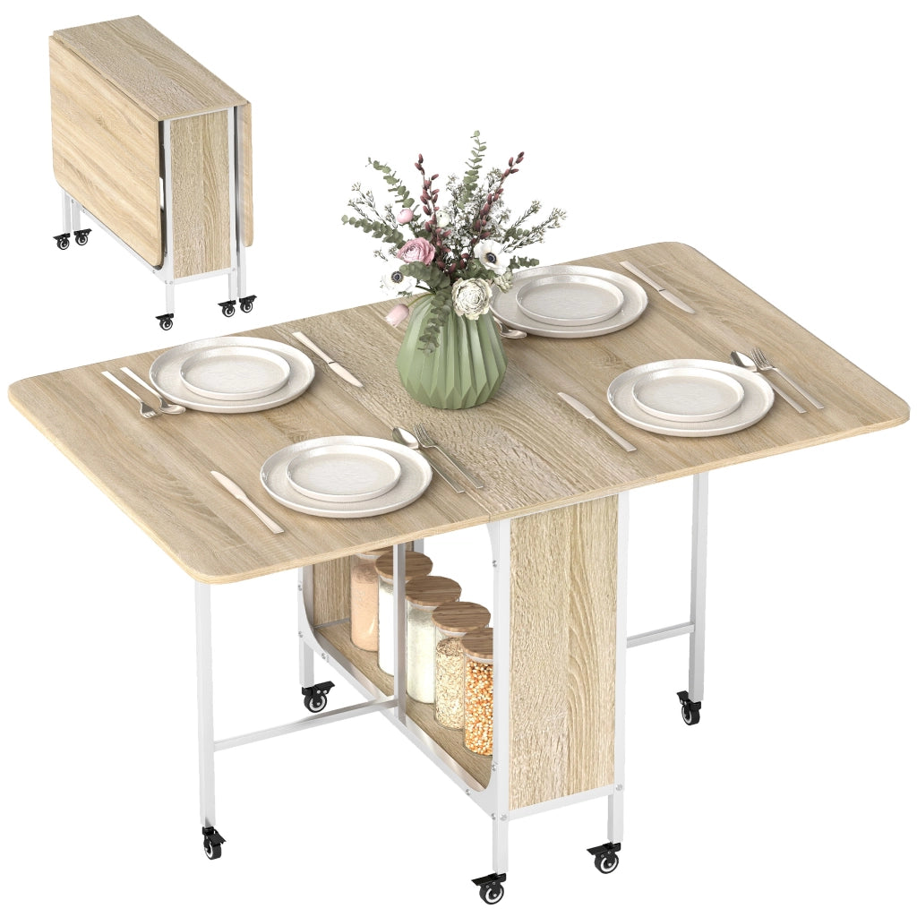 Tavolo Pieghevole con Ruote e Ripiano ¨C Zephmum ¨C 130x80x74 cm Legno Naturale