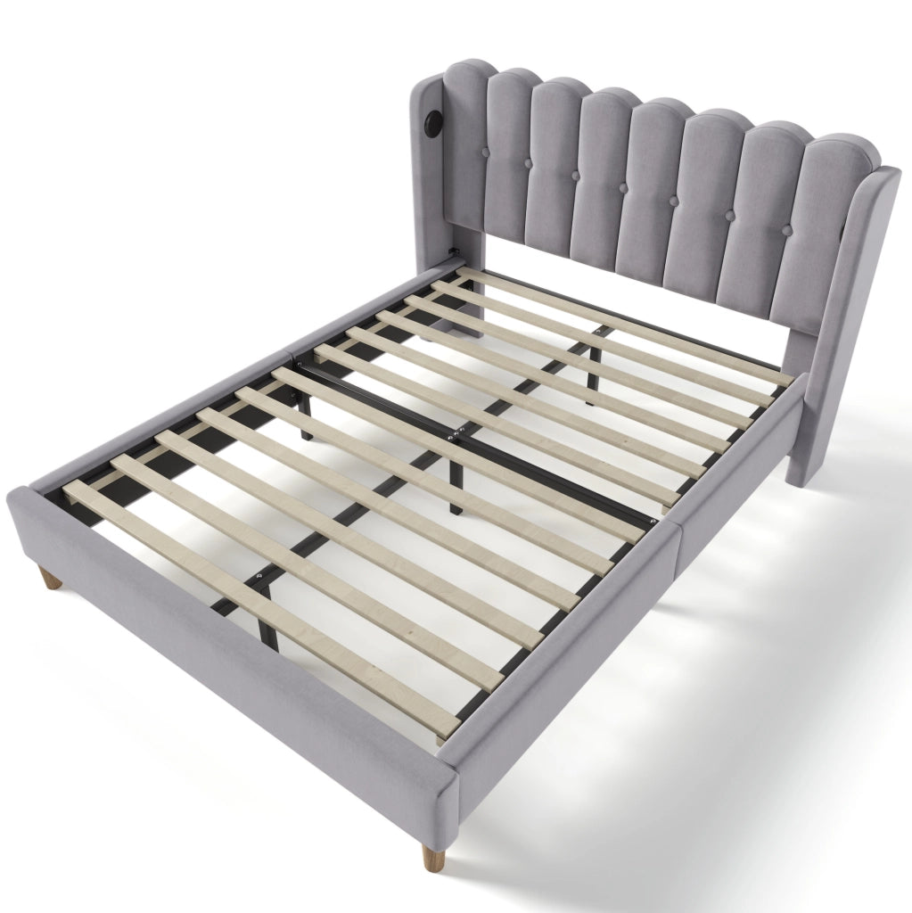 Letto imbottito 160x200 cm con ricarica USB+Type-C in lino grigio
