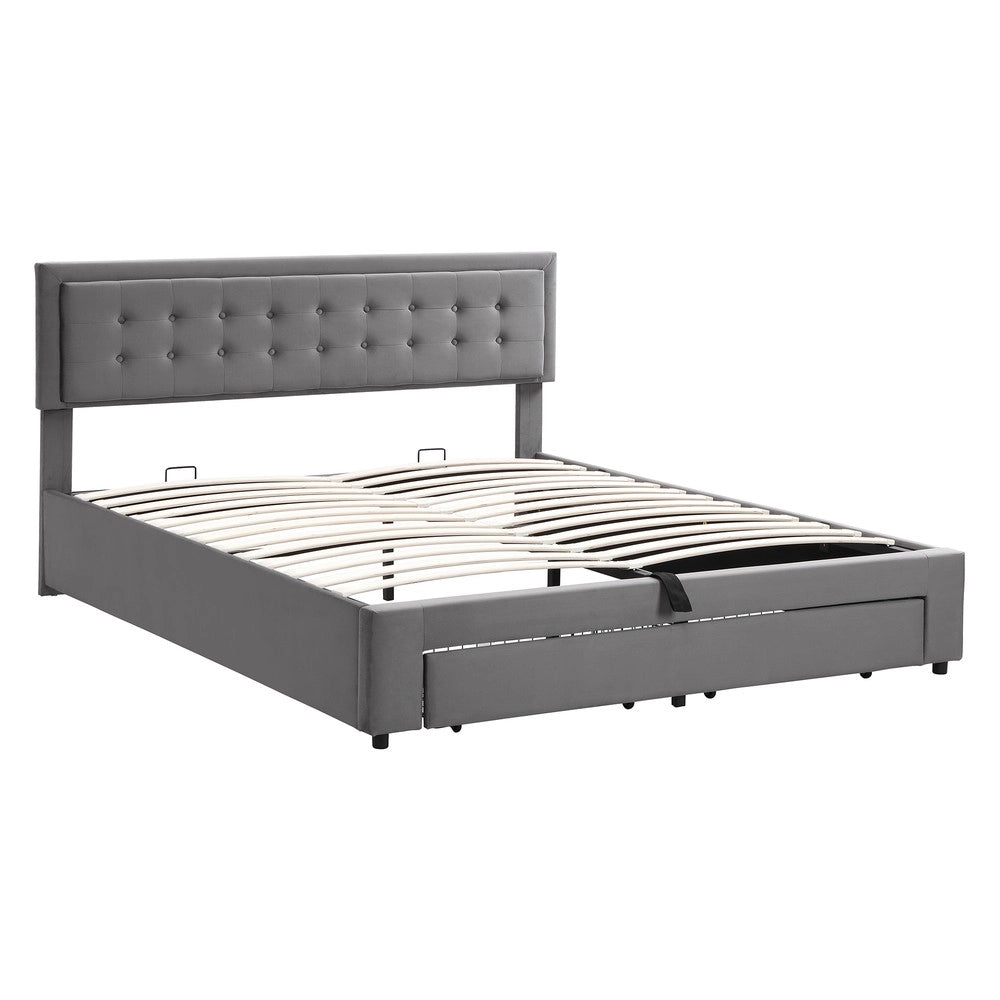 Letto Contenitore Matrimoniale Imbottito in Velluto ¨C MINIMAL ¨C Grigio 180x200 con Doghe e Cassetti