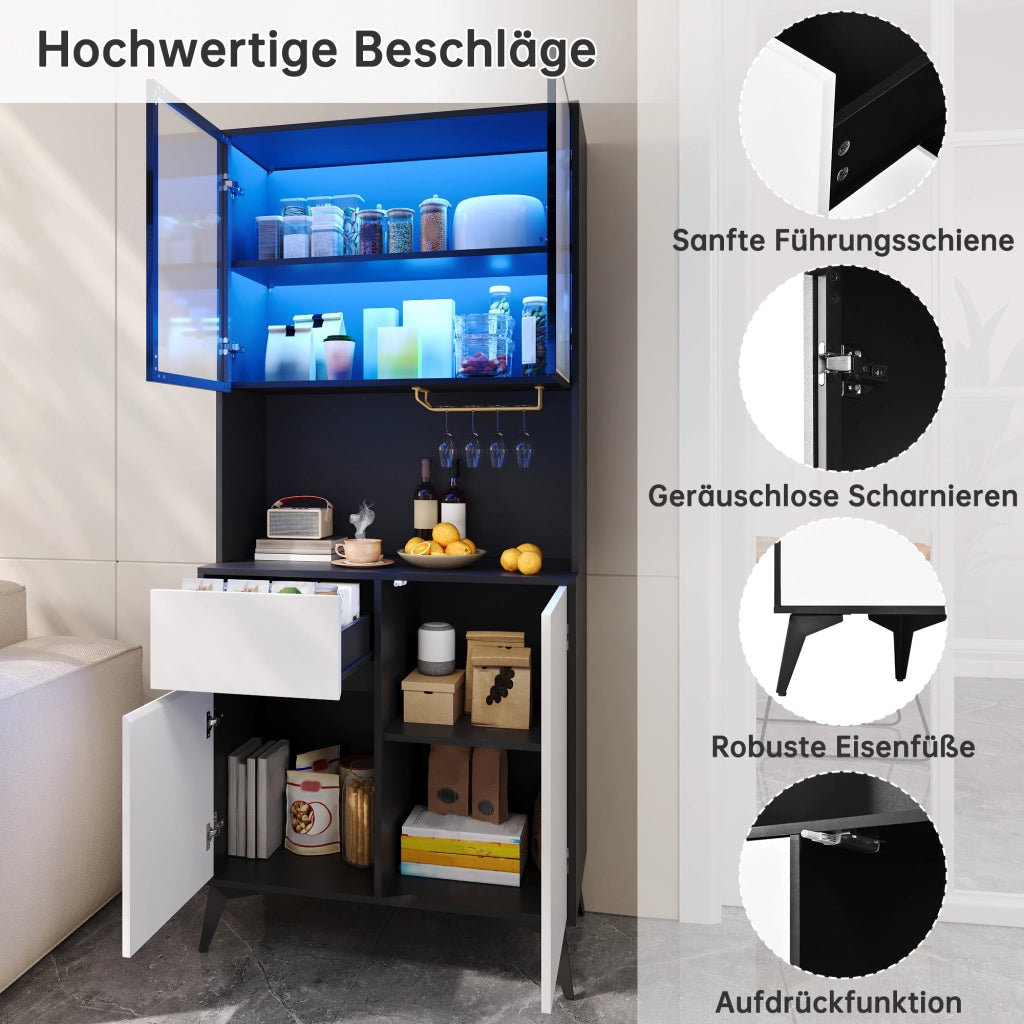 Credenza alta con 2 ante in vetro, LED da app, 1 cassetto e 2 vani, per cucina e soggiorno, MDF, nero e bianco