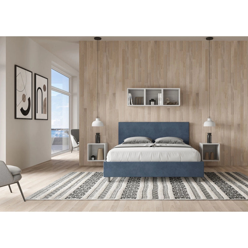 Letto imbottito Letto Matrimoniale alla Francese 150x210 cm Adele - Con rete,Microfibra,Blu