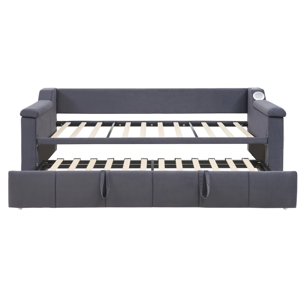Divano letto imbottito con estensione idraulica 90/180x190 cm; velluto grigio; con Bluetooth e USB