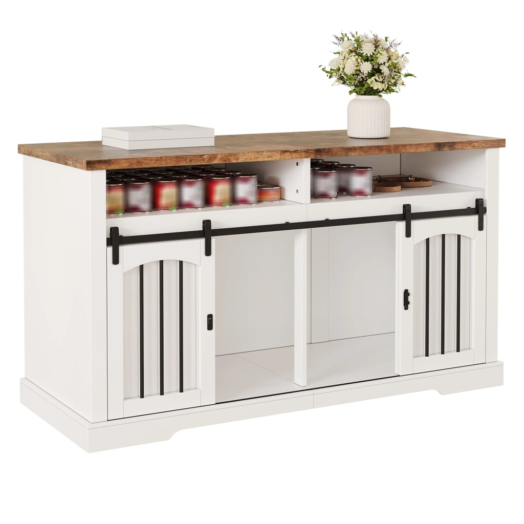 Cuccia per cani 2 in 1 con mobile e piano d’appoggio, porta scorrevole con chiusura, tramezza removibile, bianco 153 x 60 x 85 cm