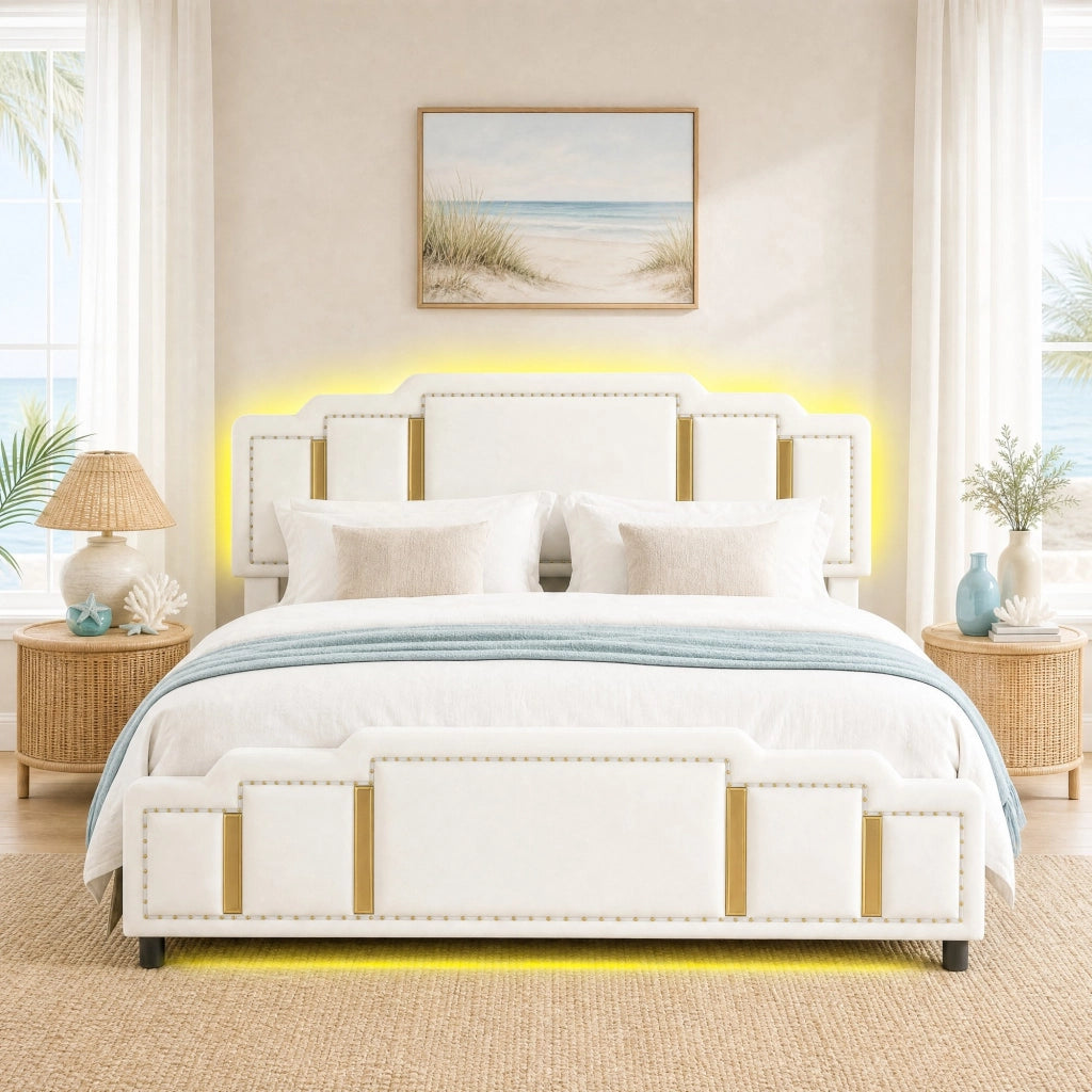 Letto 140x200 cm con contenitore idraulico e LED in velluto beige