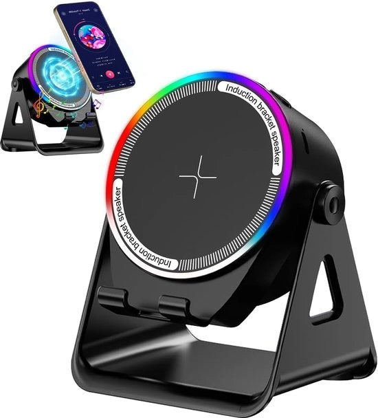 Parlante Bluetooth, 4-in-1 parlante inductivo wireless, supporto RGB multifunzionale per telefono con connessione diretta stereo, supporto 360 gradi regolabile, compatibile con iPhone/Android/iPad/Samsung (nero)