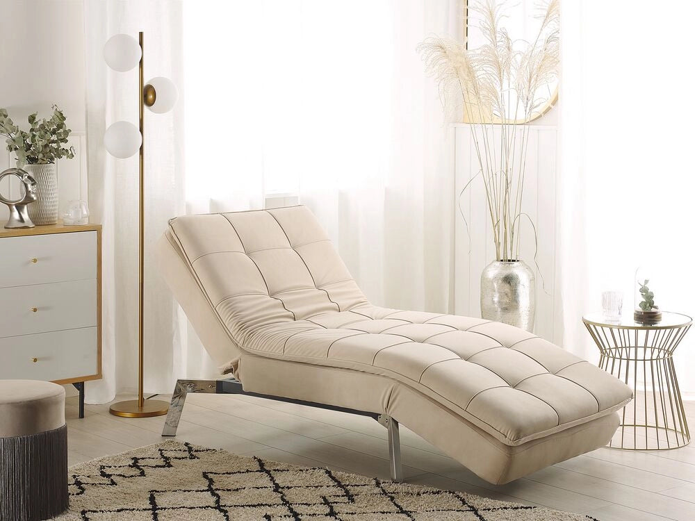Chaise longue Velluto Beige capitonnè Schienale e Gambe Regolabili Modern Glam