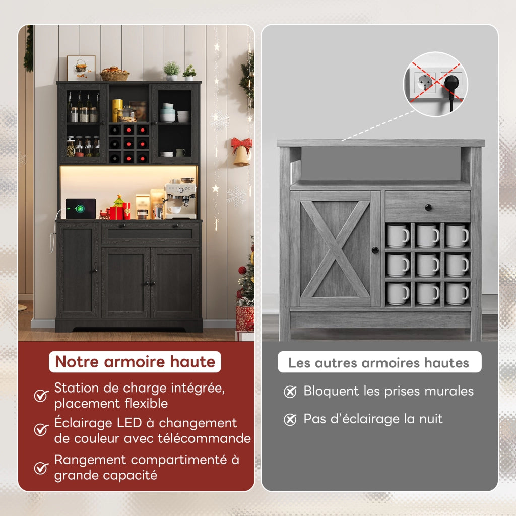Credenza e madia con 5 ante, 1 cassetto, LED e presa, per cucina e sala da pranzo, in MDF, nero, 180 × 105 × 40 cm