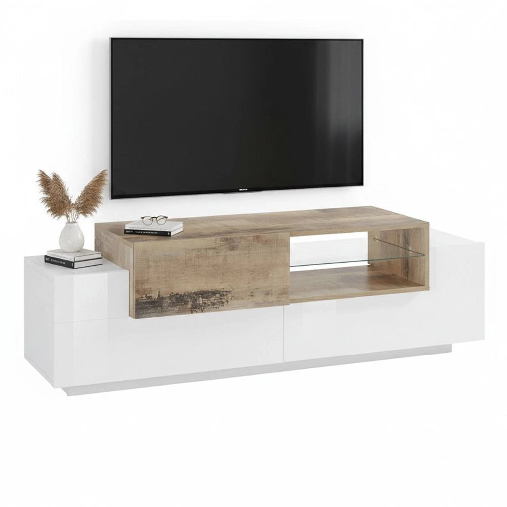 Mobile da soggiorno Porta Andris, Made in Italy, Credenza per Andris da salotto a 3 ante, cm 160x45h51, Bianco lucido e Acero