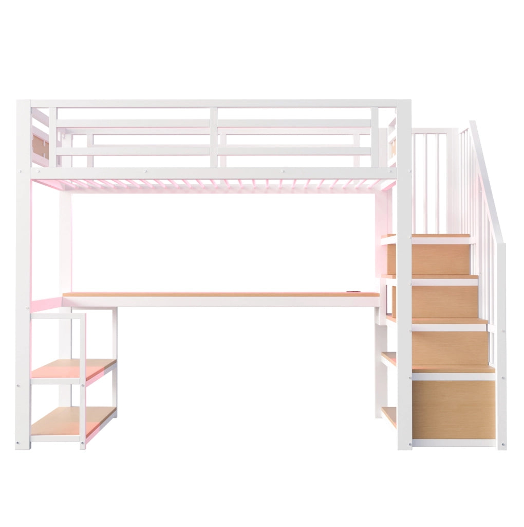 Letto a soppalco in metallo 90x200 cm con scrivania; scaffali e scala contenitore; bianco