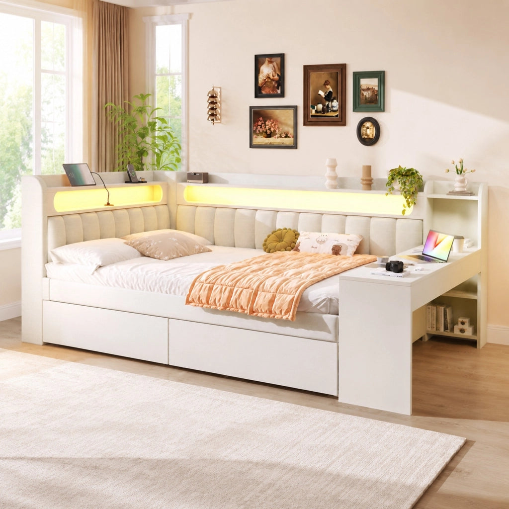Daybed 140x200 con scrivania, 2 cassetti, USB e luci LED