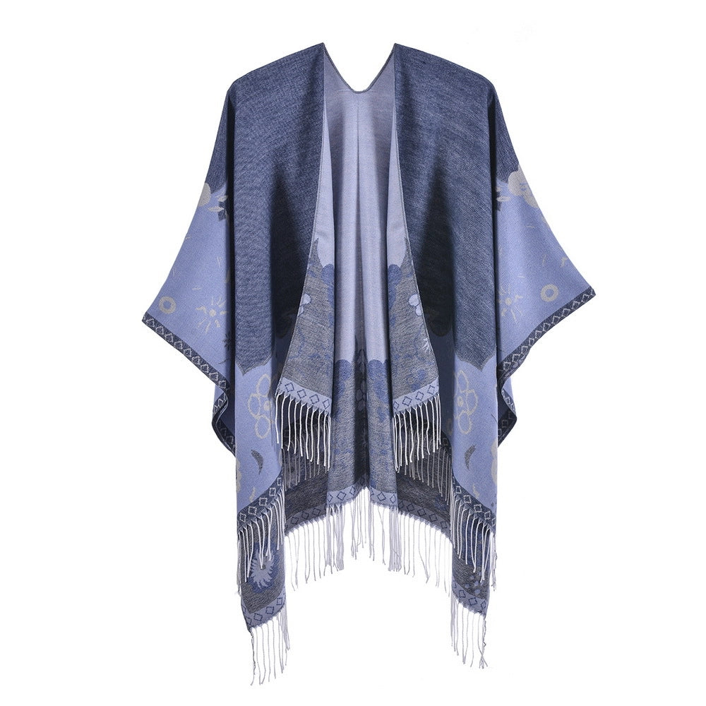 Sciarpa di nuovo stile con nappe e fiorellini, alla moda, oversize, calda e con spacco.
