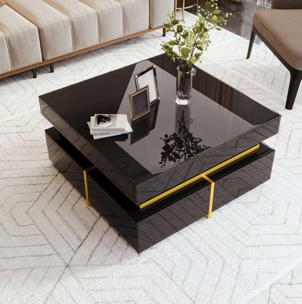 Tavolino da caffè nero lucido 70x70x35;5 cm con 2 cassetti e dettagli oro