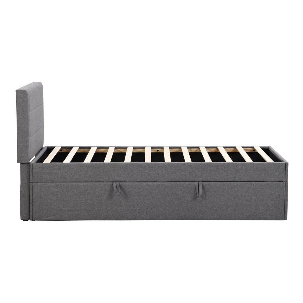 Letto singolo 90 × 200 cm con vano contenitore e struttura imbottita; senza materasso; in lino e MDF; grigio