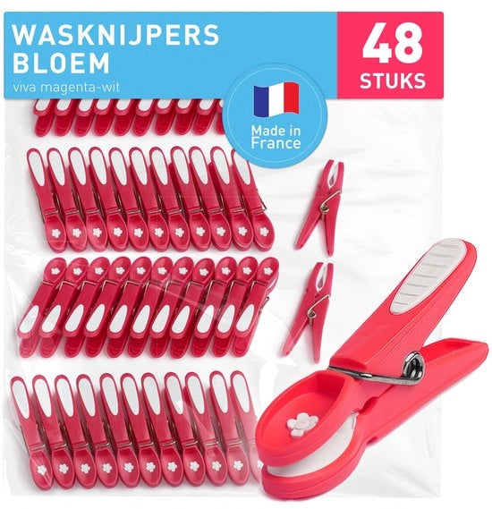 Wasknijpers in legno 48 pezzi - Duraturo - Mandrino per asciugare - Piccole maniglie per asciugare - Maniglione per asciugare - Maniglione robusto in plastica - Clip per asciugare