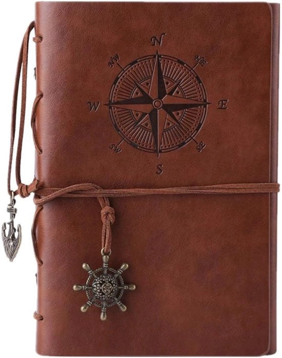 Diario di viaggio con copertina in pelle, rilegato a spirale, con pagine bianche e etichette retro.
