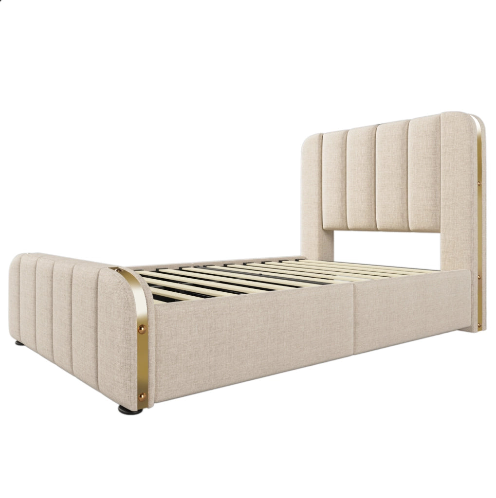 Letto singolo imbottito 90x200 cm con USB e USB C; 4 cassetti; lino beige