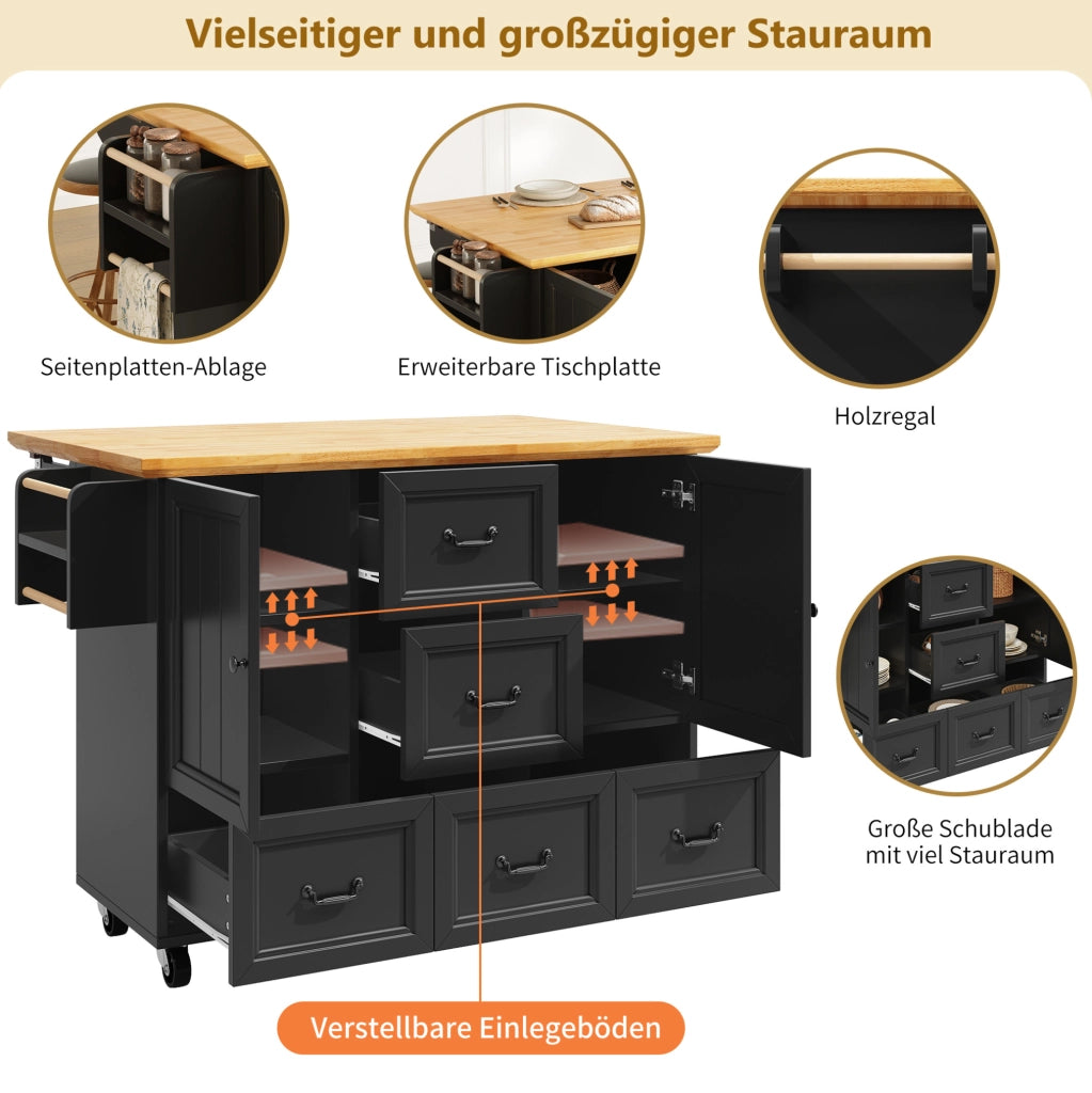 Isola cucina mobile pieghevole in MDF nero 120x73x93 cm