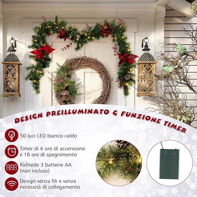 Ghirlanda di Natale Artificiale Pre-Illuminata 270CM con Luci LED, Pigne, Bacche e Fiori, Ghirlanda Natalizia a Batteria per Porta, Scale e Mensola, Decorazione Natalizia Interna ed Esterna