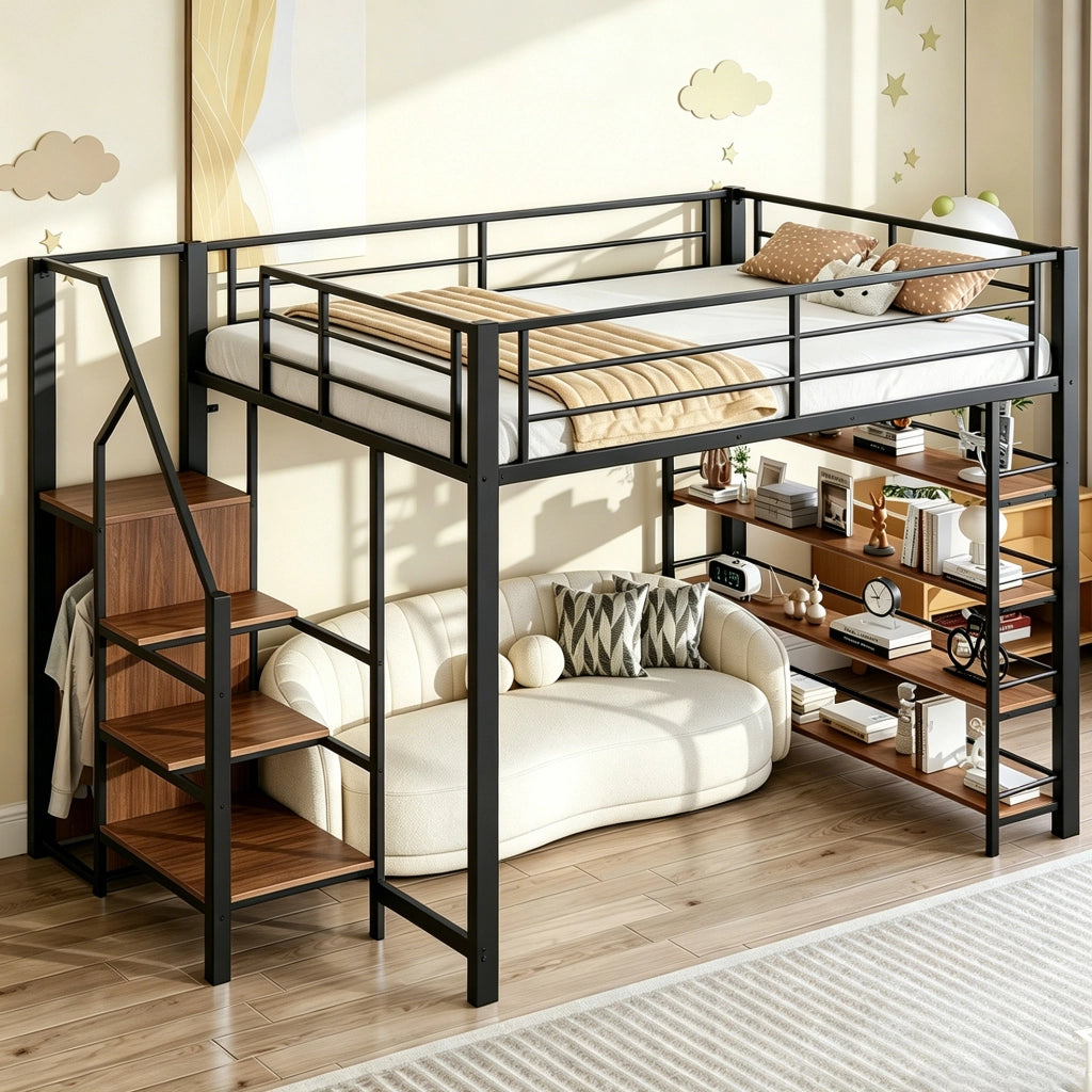 Letto a castello 140x200 cm in metallo con scala contenitore; armadietto; nero