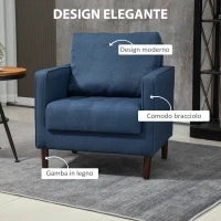 Poltrona Moderna in Tessuto Effetto Lino, Struttura in Legno e Imbottitura Spessa, 76x70x87cm, Blu