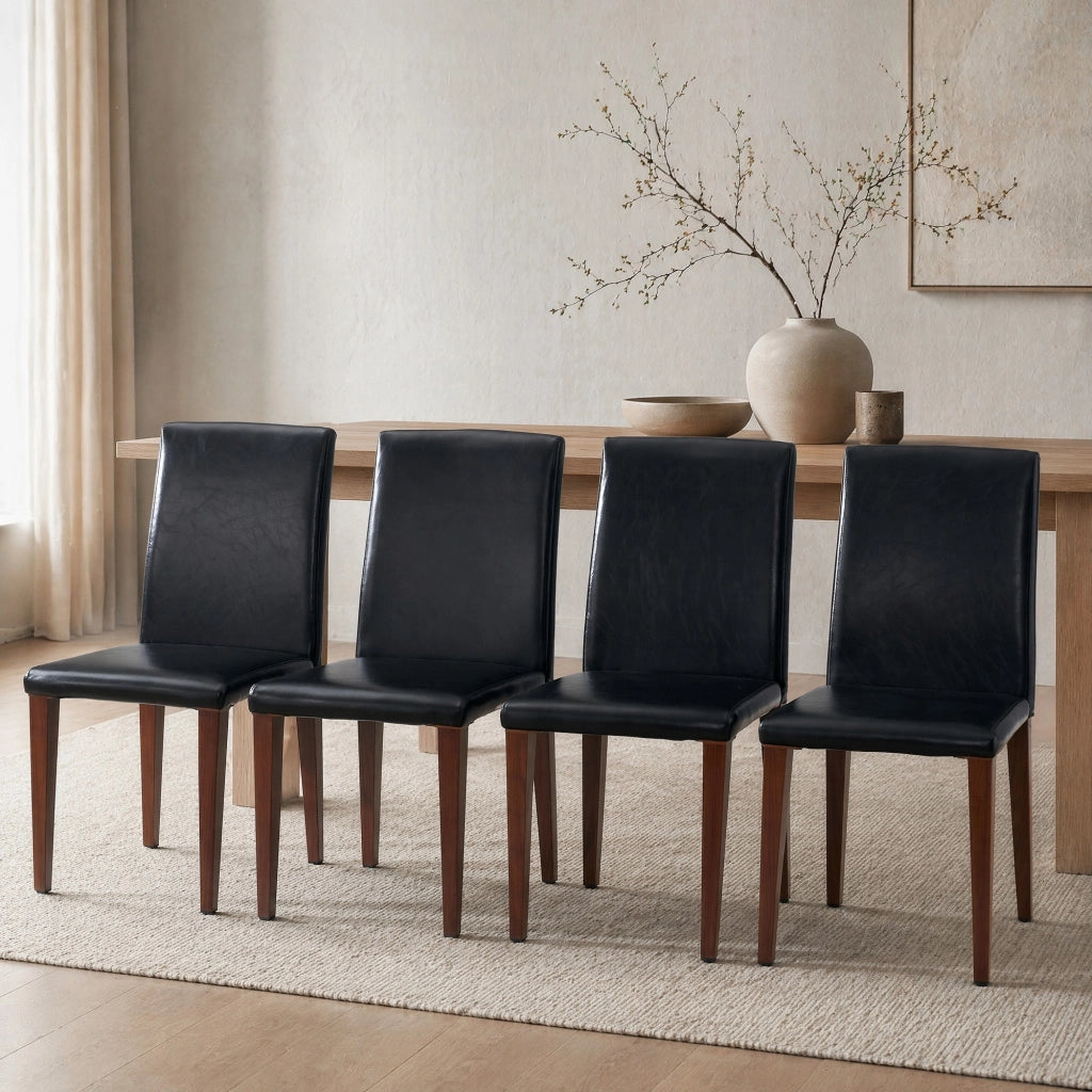 Sedia da pranzo 4 pezzi con schienale ergonomico e gambe in metallo, PU nero e noce