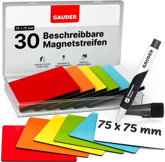 Etichette magnetiche descrittive - Tavole magnetiche riutilizzabili per lavagne bianche, lavagne scolastiche, tavole Kanban e frigoriferi - Carte magnetiche con pennarelli (30 pezzi - 75 x 75 mm)