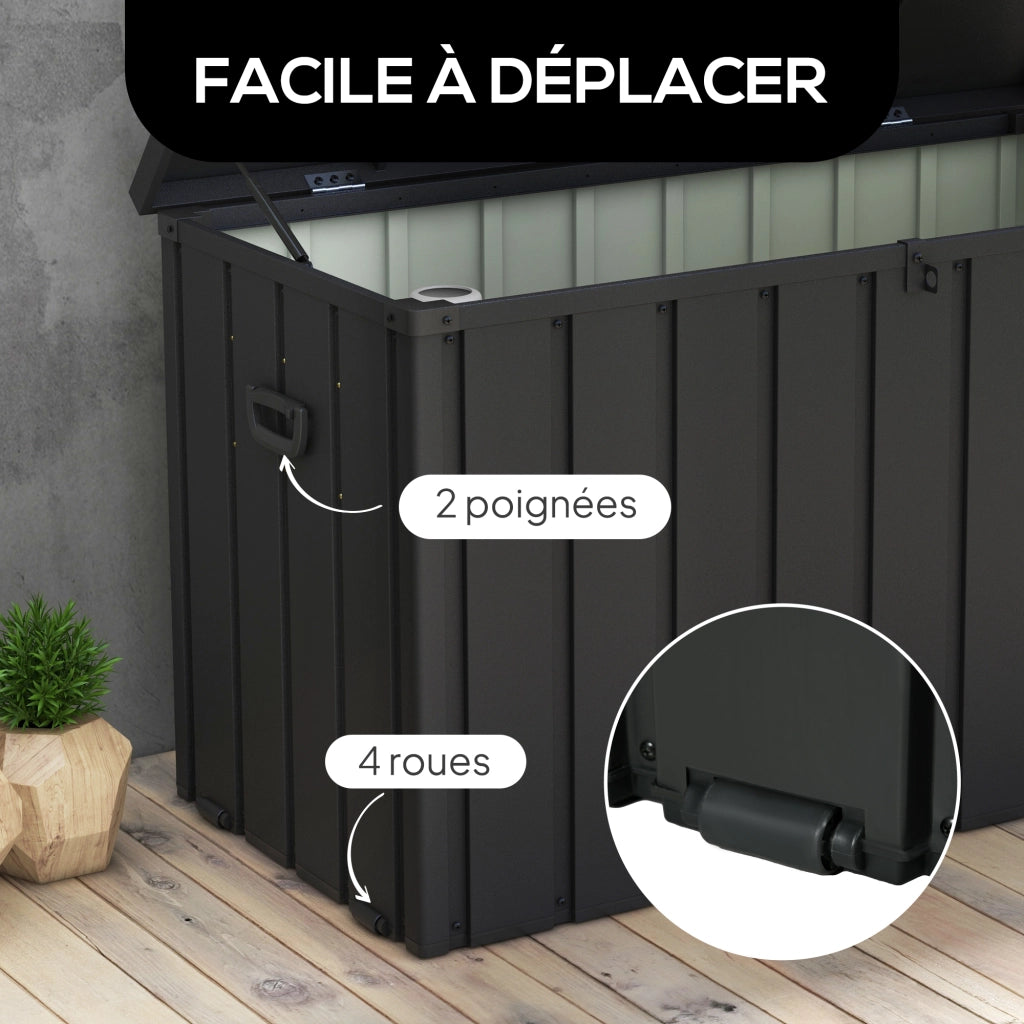 Coffre da giardino in metallo 450L con cerniere a gas e ruote ¨C zephmum ¨C 125,5x61,5x70 cm
