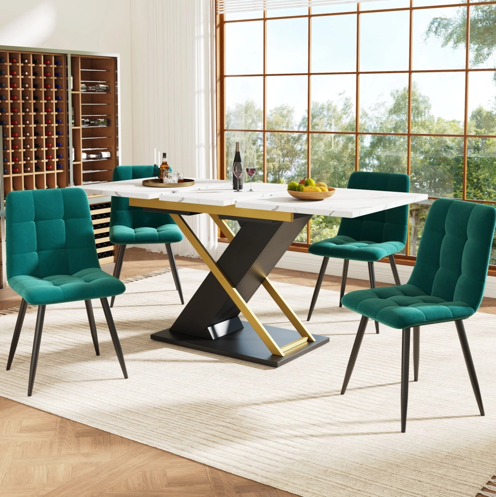 Tavolo da pranzo 120-160x80x75.4 cm allungabile; MDF effetto marmo nero con gambe incrociate