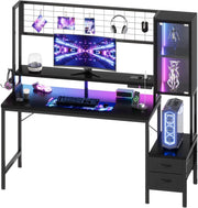 Scrivania Da Gaming Angolare Con LED E Prese, 140 cm, Arredamento Per Ufficio, Con Ganci E 2 Cassetti In Tessuto, Ideale Per il Telelavoro E I Videogiochi, Nera