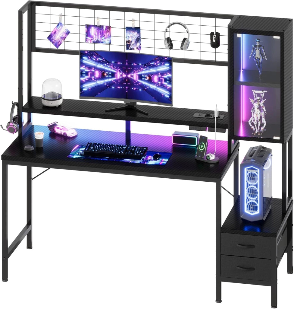 Scrivania Da Gaming Angolare Con LED E Prese, 140 cm, Arredamento Per Ufficio, Con Ganci E 2 Cassetti In Tessuto, Ideale Per il Telelavoro E I Videogiochi, Nera