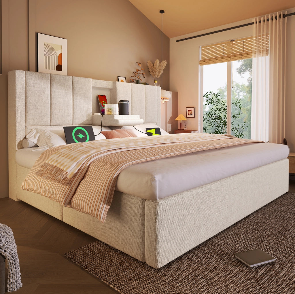 Letto imbottito 180x200 cm con ricarica USB-C e vano contenitore